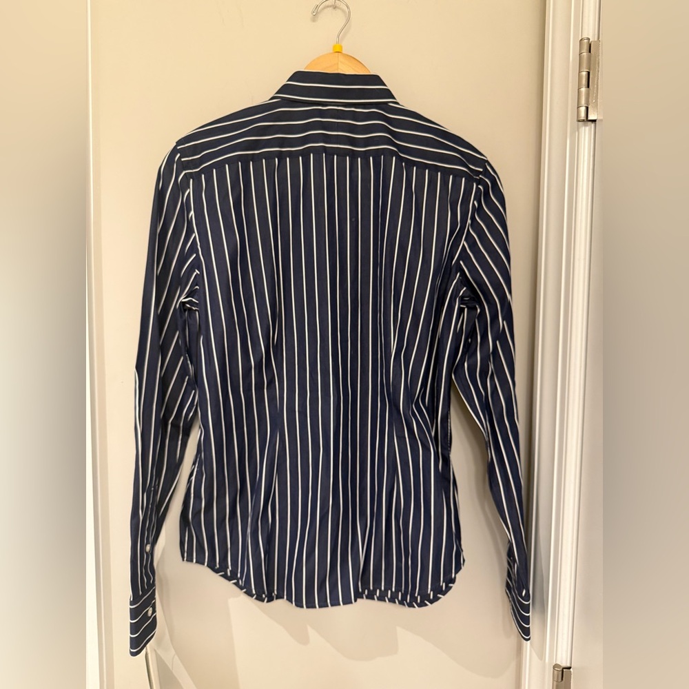 Ralph Lauren Navy Blue and White Striped Ruffle Button-Down Shirt size m - Picture 4 of 4
